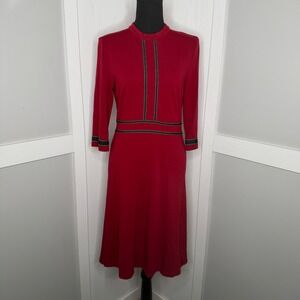 Homeyee Dress Women Size 6 Red Stretch Long Sleeve Mock Neck Ribbon Trim Midi